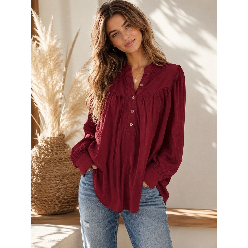 By Anthropologie Burgundy Ruffle Shoulder Peasant Blouse Long Bishop Sleeve XL